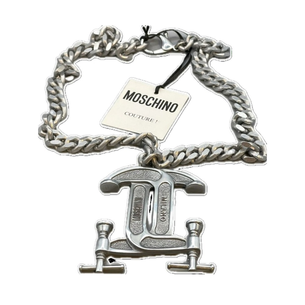 Moschino Couture Silver Tone Industrial Clamp Pendant Chunky Curb Chain Necklace
